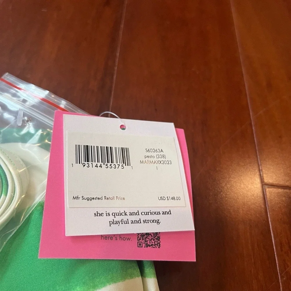 Kate‎ Spade Swimsuit One-Piece Pesto Green White Stripe Straps Size Large